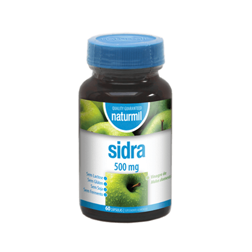 Sidra 500mg - 60 Cápsulas Naturmil Frasco de suplemento sidra 500 mg Naturmil com maçãs verdes no rótulo