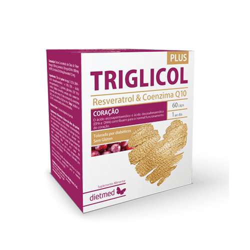 Triglicol Plus - 60 Cápsulas Dietmed Embalagem de suplemento TRIGLICOL PLUS com Resveratrol & Coenzima Q10 e coração dourado