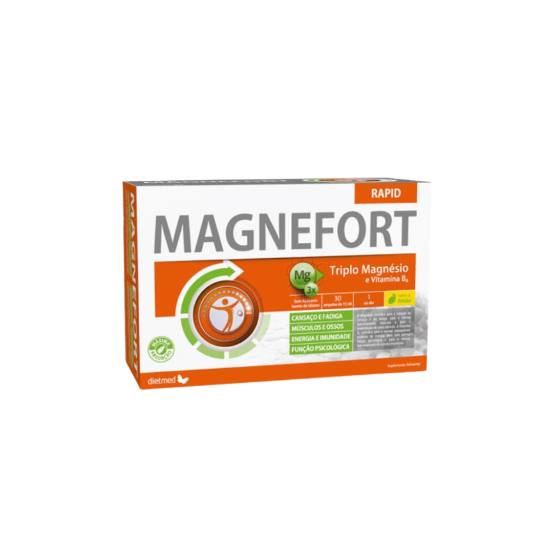 Magnefort Rapid 30 ampolas Caixa de suplemento MAGNEFORT Rapid com detalhes em verde e laranja