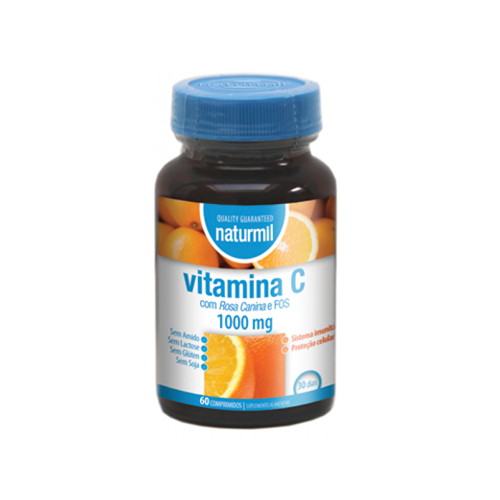 Vitamina C 1000mg - 60 Comprimidos Naturmil Frasco de vitamina C naturmil 1000 mg com laranjas na etiqueta
