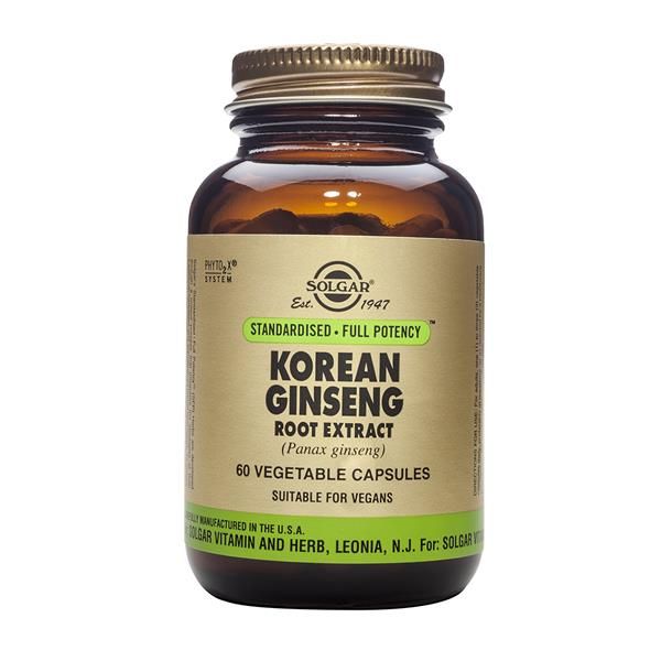 Korean Ginseng Root 60 Cápsulas Solgar Frasco castanho com cápsulas vegetais de extrato de raiz de ginseng coreano da marca SOLGAR