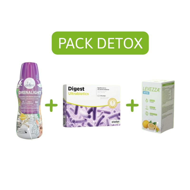Pack Detox - Digestão, Drenagem e Limpeza do Organismo Pack Detox com garrafa Drenalight, caixa Digest Ultrabióticos e caixa Levezza Detox