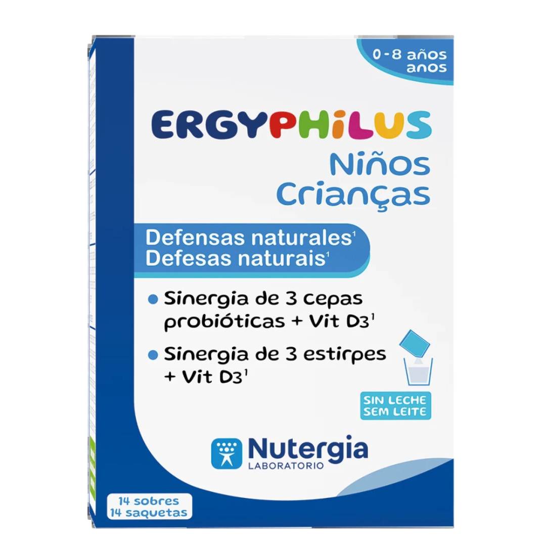 Ergyphilus Crianças 0 a 8 anos 14saq. Embalagem azul e branca de suplemento probiótico infantil ERGYPHILUS Nutergia