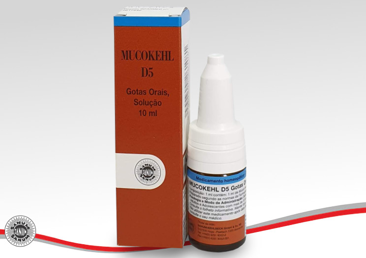 MUCOKEHL® D5 Gotas SANUM Frasco de gotas orais MUCOKEHL D5 com embalagem castanha e branca