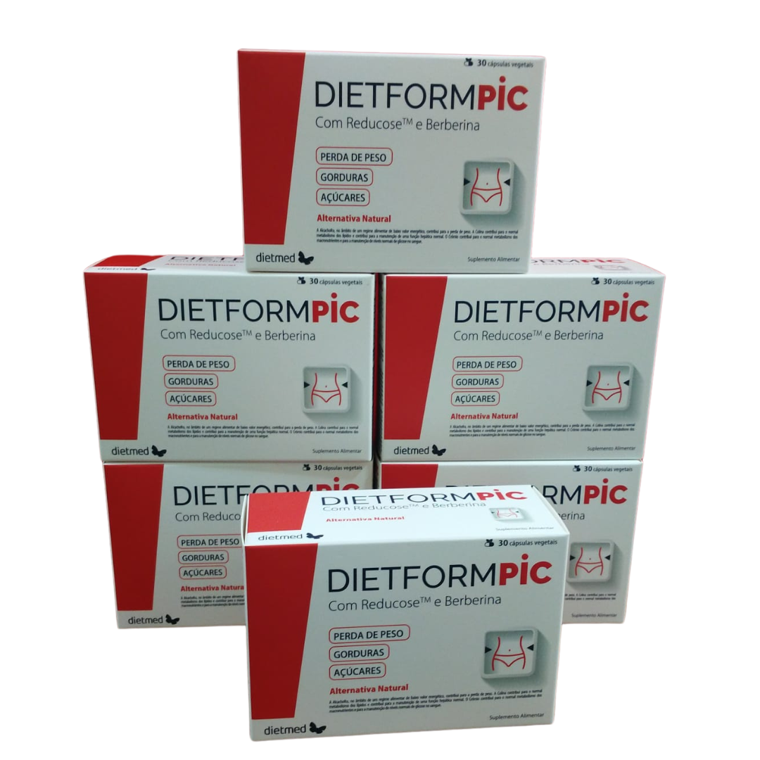Pack DIETFORMPIC " Leve 6 pague 5" Várias caixas de suplemento DIETFORM PIC com cores branco e vermelho e texto informativo.