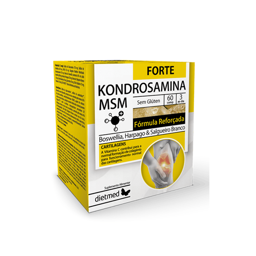 Kondrosamina MSM Forte - 60 Comprimidos Dietmed Embalagem amarela e branca de suplemento Dietmed Kondrosamina MSM com imagem de pessoa tocando o joelho