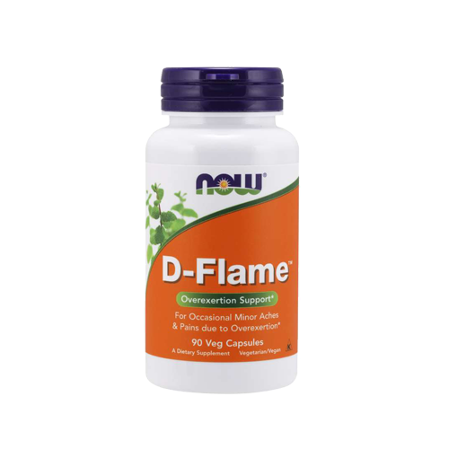 D-Flame - 90 Cápsulas Vegetais Now Frasco de suplemento NOW D-Flame com rótulo alaranjado e verde e tampa roxa