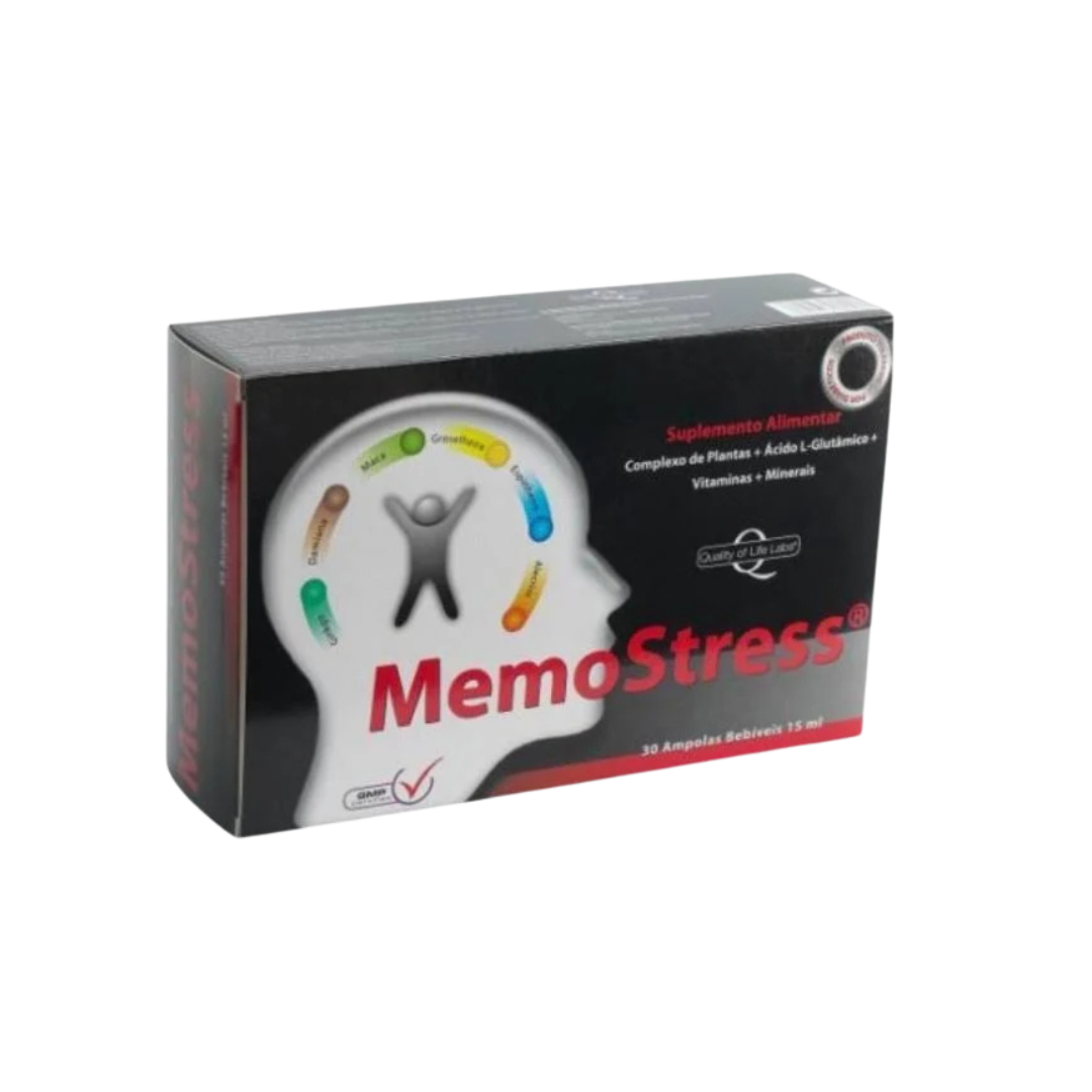 Memostress 30 ampolas Caixa preta do suplemento MemoStress com gráfico colorido e texto descritivo.