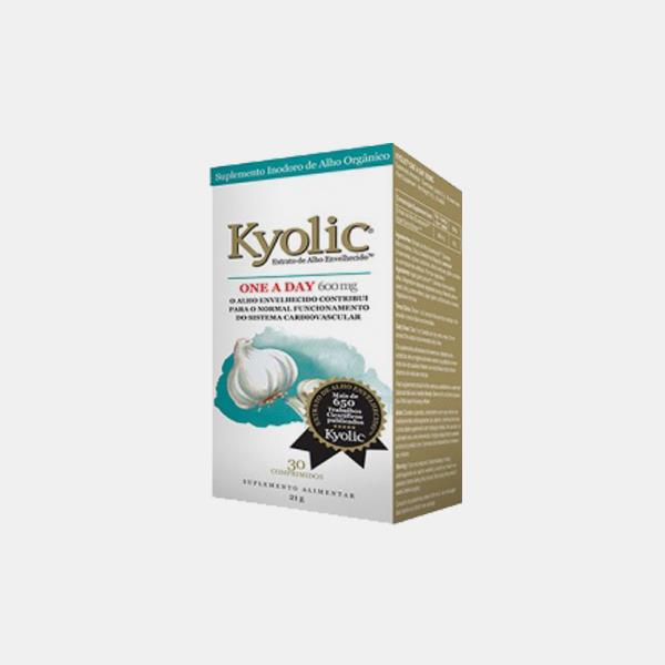 Kyolic One A Day 600mg 30comprimidos Embalagem suplemento alimentar Kyolic com alho envelhecido e texto em português e inglês