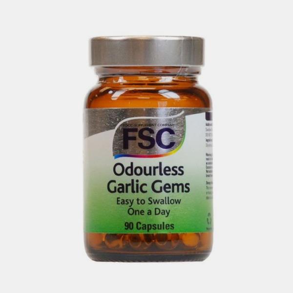 GARLIC GEMS ODOURLESS 90cps FSC Frasco de cápsulas de alho inodoro FSC com rótulo branco e verde.