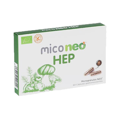 MICO NEO HEP embalagem do produto miconeo HEP com ilustração de cogumelos e texto