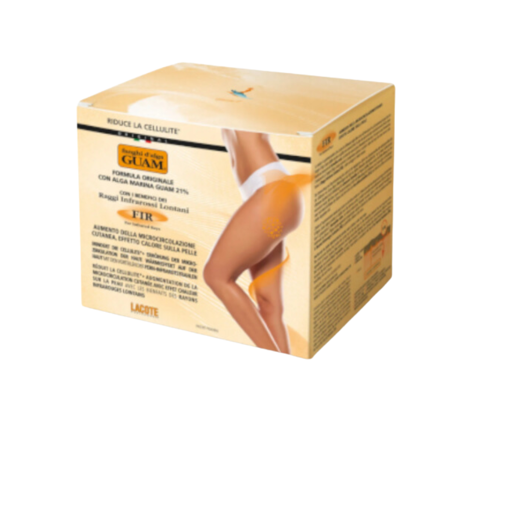 FANGHI D’ALGA GUAM LAMA DE ALGAS FORMULA CLÁSSICA COM F.I.R. – 500G Embalagem de creme anticelulite GUAM com fórmula original e imagem de pernas femininas