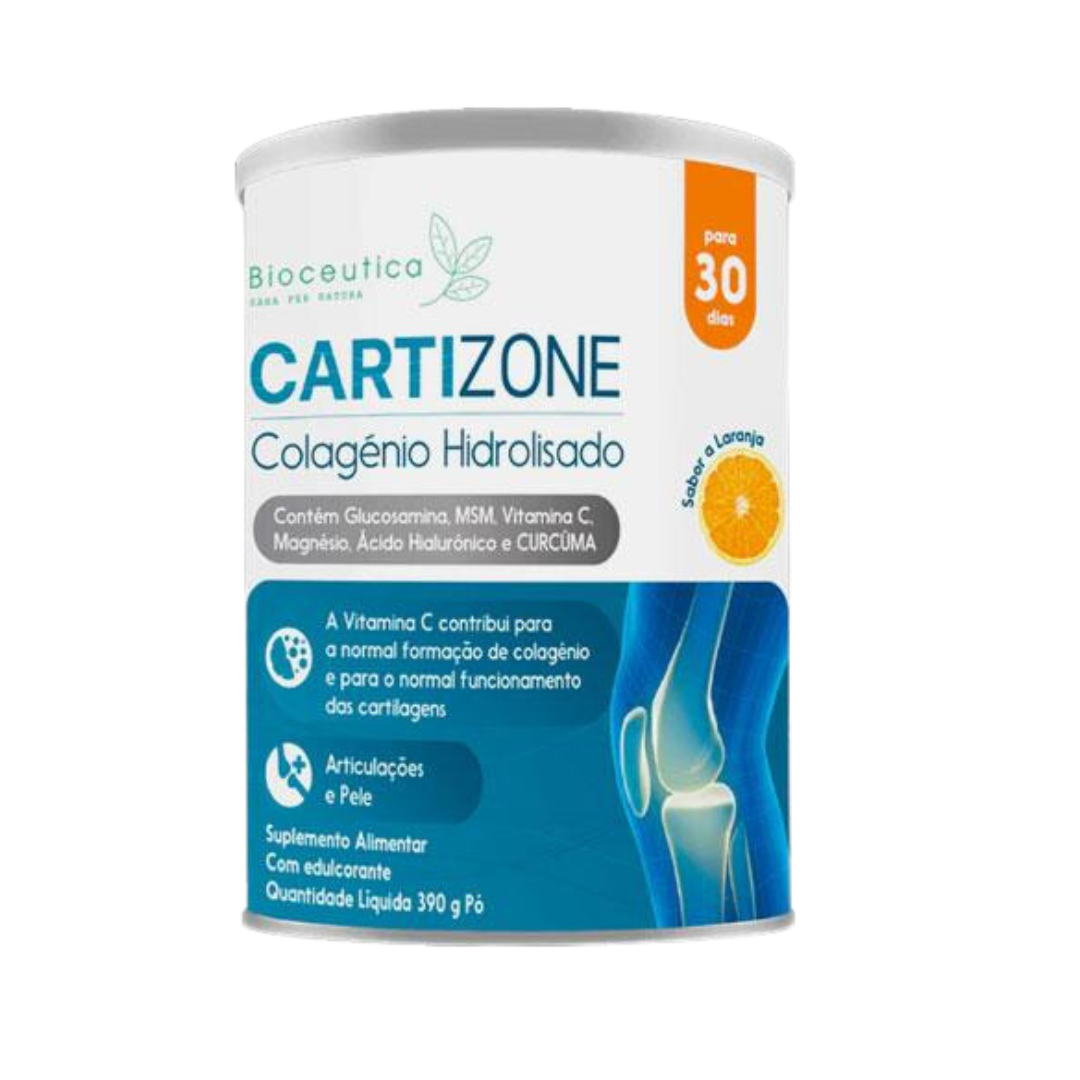 Cartizone 390gr Bioceutica Suplemento alimentar Cartizone com colagénio hidrolisado e sabor a laranja em embalagem branca e azul.