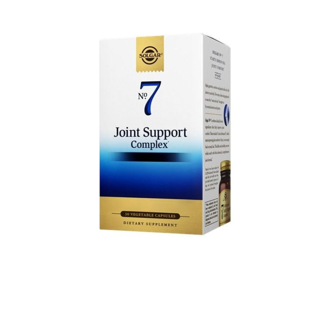 Nº 7 Joint Support & Complex Solgar Caixa do suplemento Solgar Joint Support Complex Nº 7 com cores branca, azul e dourada.