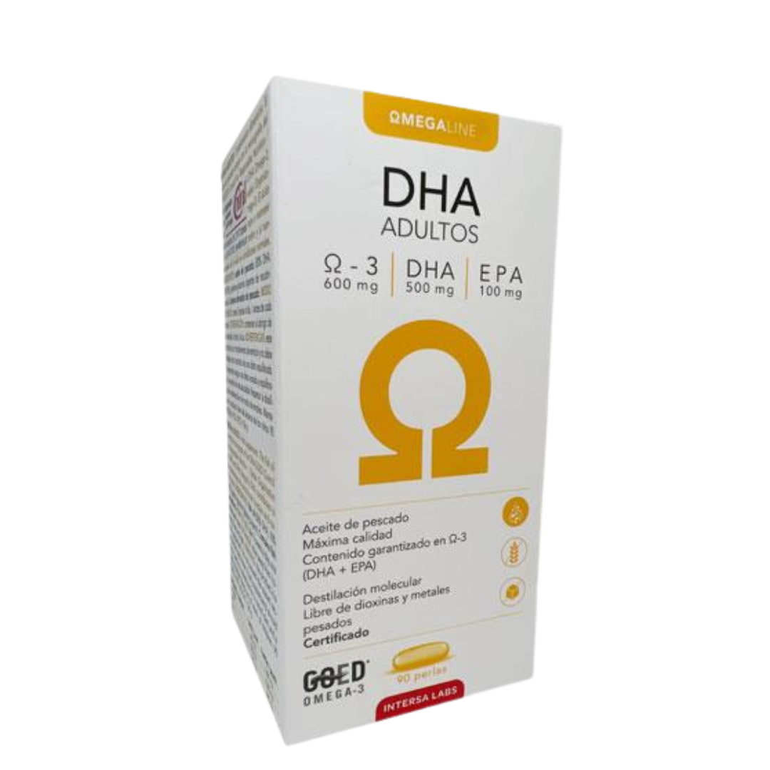 DHA Adultos 90 caps Intersa Embalagem branca de suplemento DHA Adultos com texto em português e detalhes laranja.