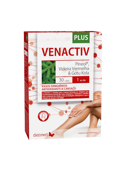 Venactiv Plus 30 Capsulas Embalagem do suplemento alimentar VENACTIV PLUS com plantas e pernas no fundo