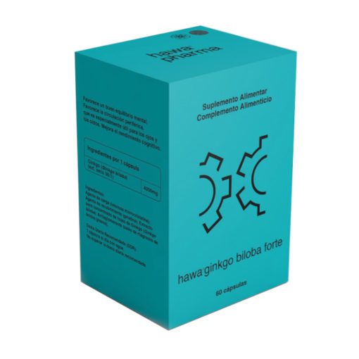 HAWA GINKGO BILOBA FORTE - 60 capsulas hawa farma Caixa azul de suplemento alimentar hawaginkgo biloba forte com texto preto e gráficos abstratos