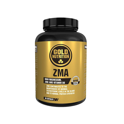 ZMA - 90 Cápsulas Gold Nutrition Frasco preto e dourado do suplemento Gold Nutrition ZMA com texto em inglês