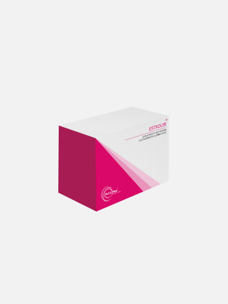 Estrolib - 60 capsulas M.J.S. Med Embalagem retangular branca e rosa de medicamento Estrolib