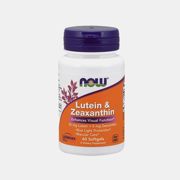 LUTEIN & ZEAXANTHIN 60 CAPSULAS NOW Frasco de suplemento Lutein & Zeaxanthin da NOW com rótulo laranja e tampa azul escuro