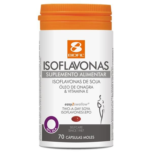 ISOFLAVONAS - 70 CAPSULAS BIOFIL Frasco de suplemento Biofil Isoflavonas com tampa laranja e texto informativo