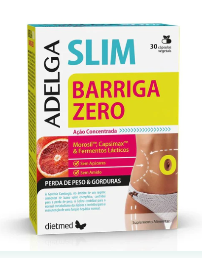 Adelga Slim Barriga Zero - 30 vcaps Embalagem de suplemento Adelga Slim Barriga Zero com imagem de toranja e parte do tronco de uma pessoa