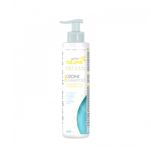 Activ Ozone Shampo 250ml Frasco branco de shampoo com tampa de bomba azul-claro e rótulo com texto em azul e amarelo