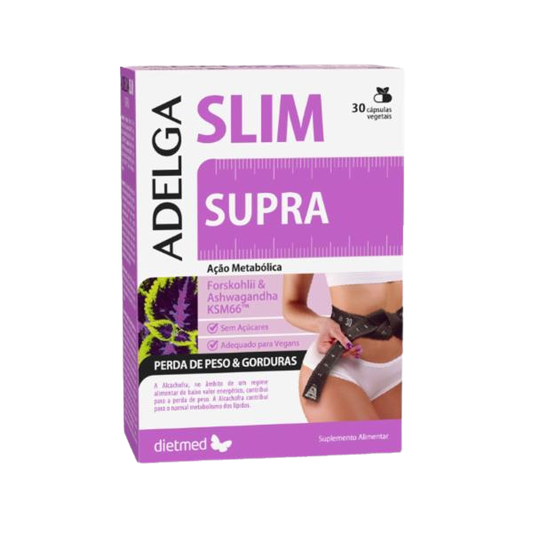 Adelga Slim Supra - 30 Cápsulas vegetais Caixa do suplemento alimentar Adelga Slim Supra com 30 cápsulas vegetais e imagem de cinta métrica a medir a cintura