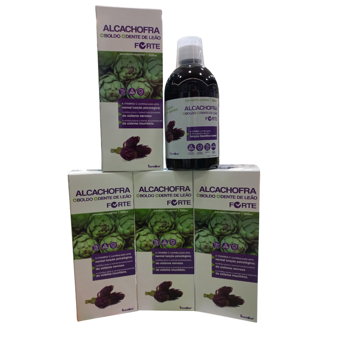 Pack ALCACHOFRA BOLDO DENTE DE LEAO FORTE "leve 4 pague 3" Suplemento alimentar ALCAHOFRA com embalagem branca, verde e roxa e imagens de alcachofras