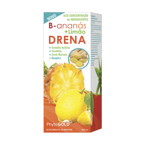 B Ananás + Limão Drena - 500ml PhytoGold Embalagem cartonada de suplemento alimentar B-ananás e Limão DRENA da PhytoGOLD com imagens de ananás e limão