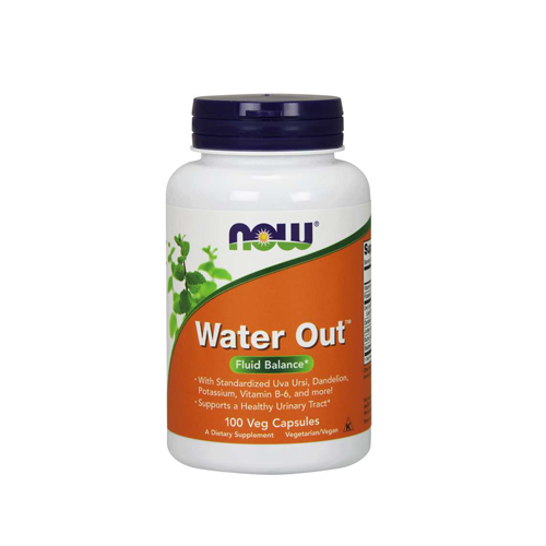 Water Out - 100 Cápsulas Now Frasco do suplemento Water Out da Now com rótulo laranja, branco e azul escuro