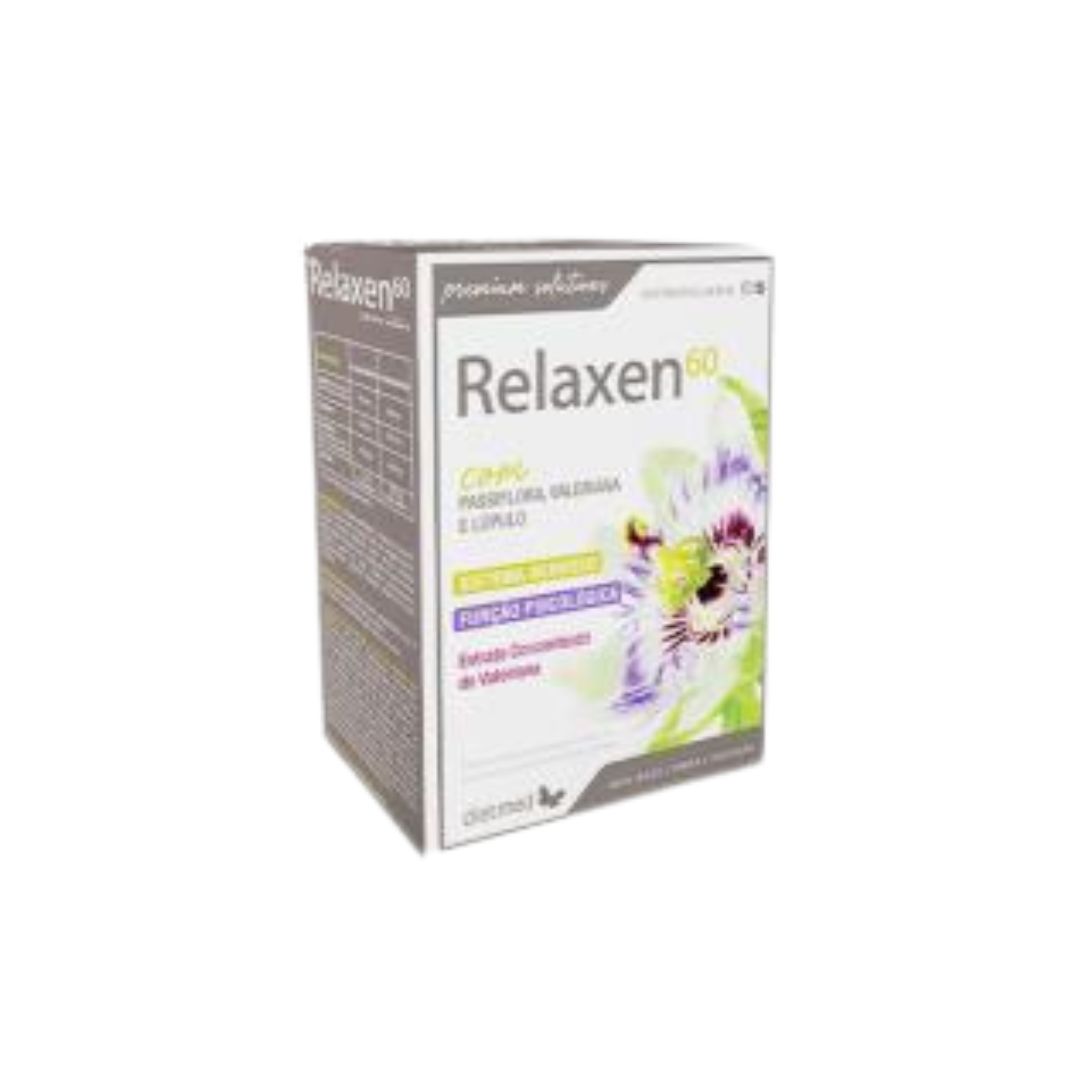 Relaxen 60 Comprimidos Dietmed Embalagem de suplemento alimentar Relaxen 60 com flor lilás e verde