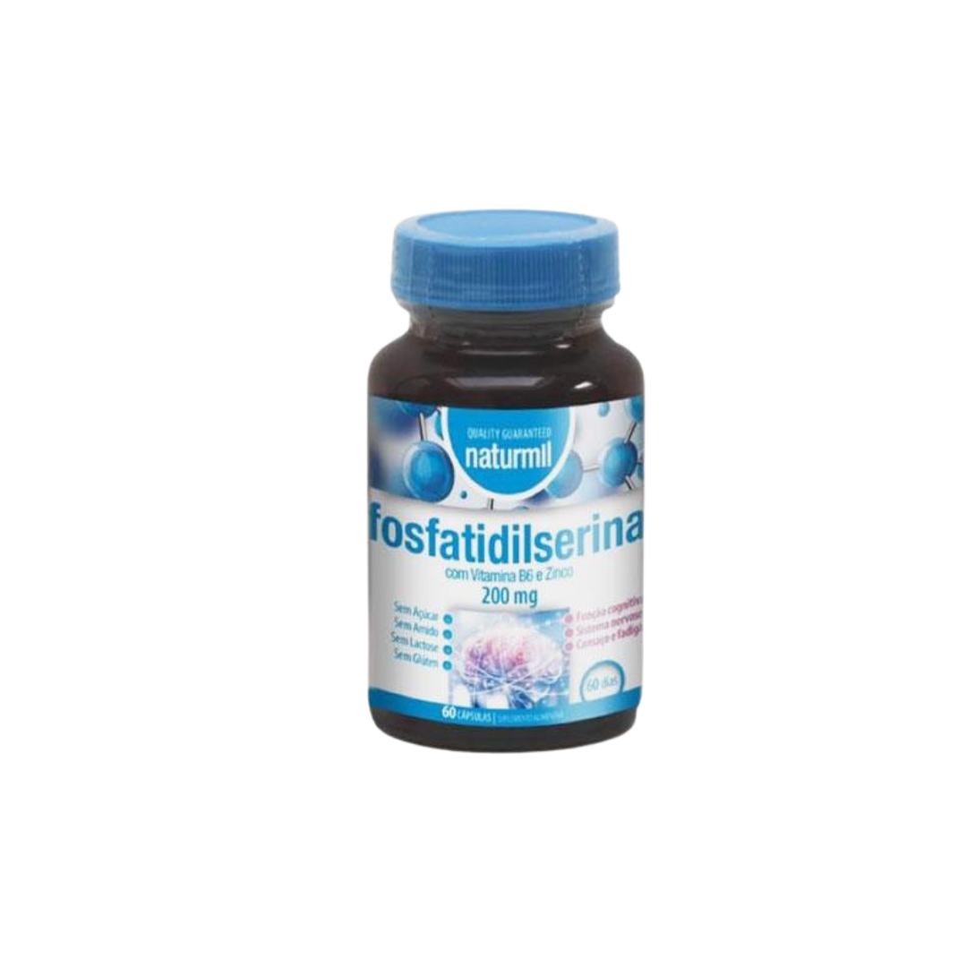 Fosfatidilserina 200mg 60 capsulas Frasco de suplemento Naturmil fosfatidilserina 200 mg com tampa azul