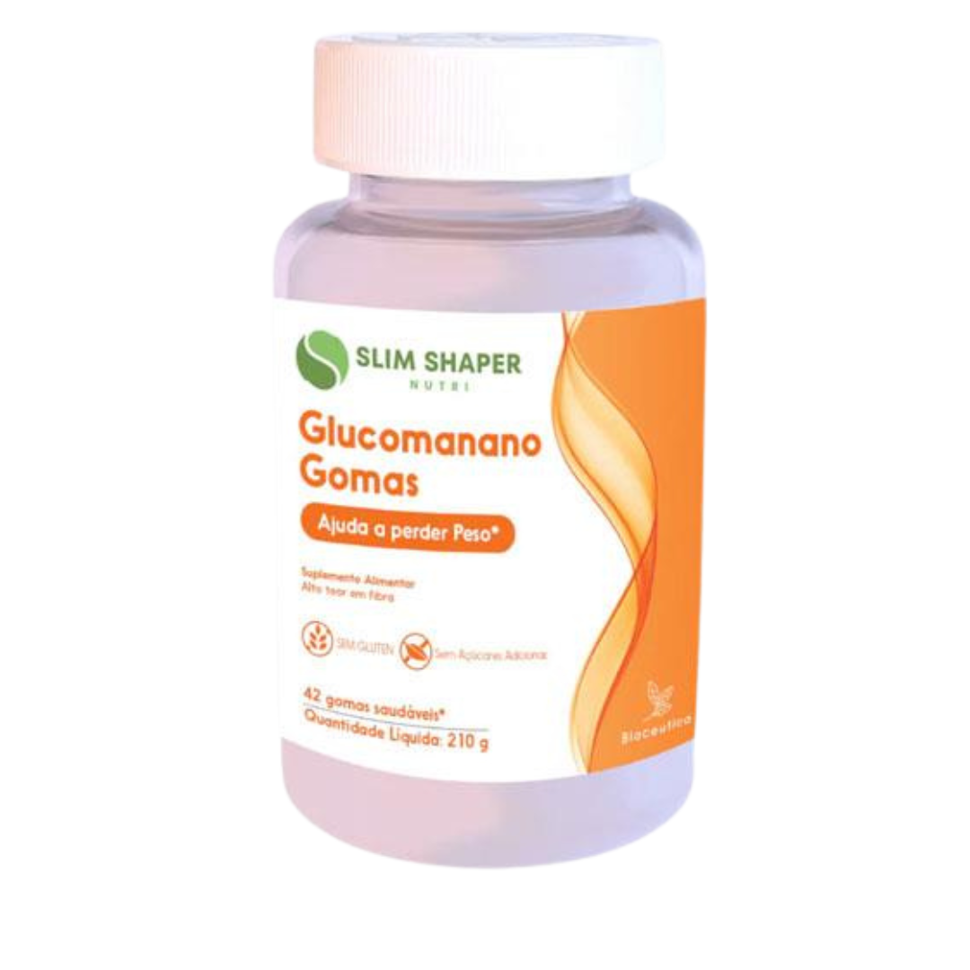 SLIM SHAPER GLUCOMANANO GOMAS 42 GOMAS Frasco transparente de suplemento alimentar em gomas com rótulo branco e laranja