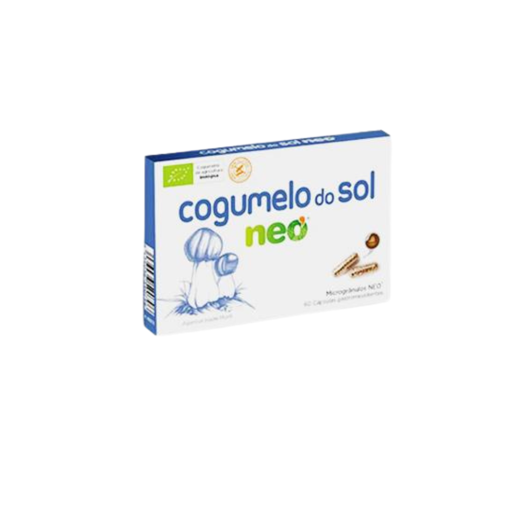 Cogumelo do Sol Neo - 60 Cápsulas Mico Neo Embalagem de suplemento cogumelo do sol neo com ilustração de cogumelos e cápsulas