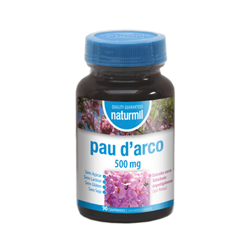 Pau d'Arco 500mg - 90 Comprimidos Naturmil Frasco de comprimidos pau d'arco 500 mg com tampa azul e rótulo branco e azul.
