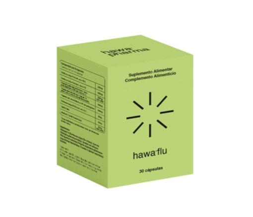 HAWA FLU - 30 capsulas hawa pharma Caixa verde clara de suplemento alimentar hawaflu com texto preto e figura gráfica