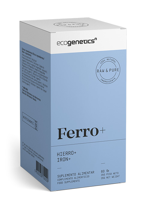 Ecogenetics Ferro+ - 60 capsulas Caixa azul clara e branca do suplemento alimentar Ferro+ da ecogenetics