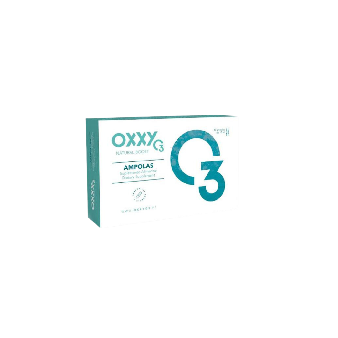 Oxxy O3 - 30 ampolas Embalagem branca e azul-turquesa do suplemento alimentar OXXY G3 NATURAL BOOST em ampolas