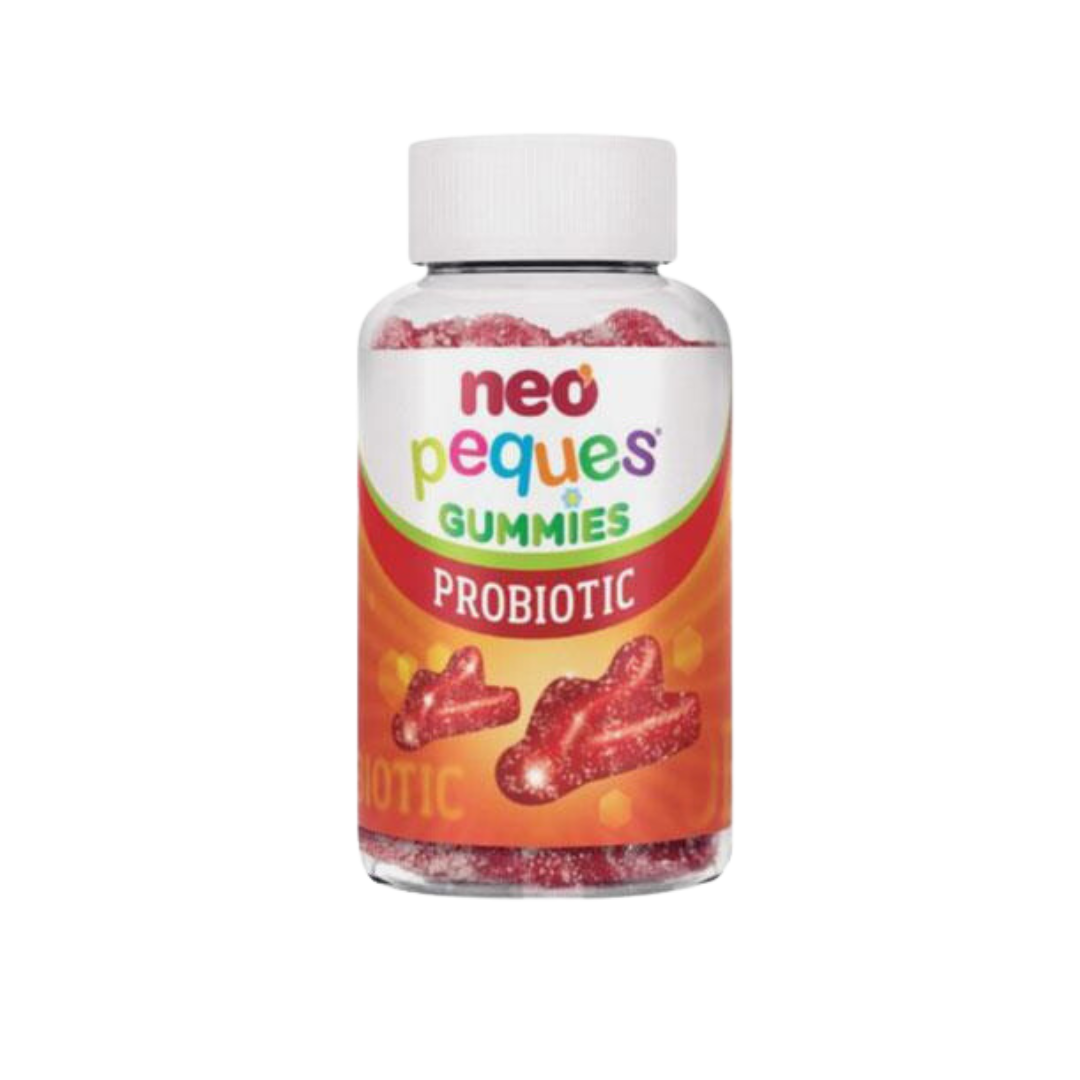 Neo Peques Probiotic 30 gomas Frasco de vitaminas Neo Peques Gummies Probiotic com gomas vermelhas em forma de pé