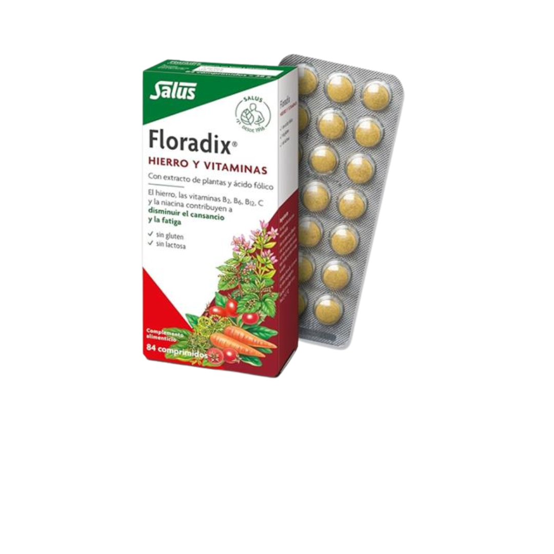 Floradix - 84 Comprimidos Caixa de Floradix com 84 comprimidos em blister ao lado