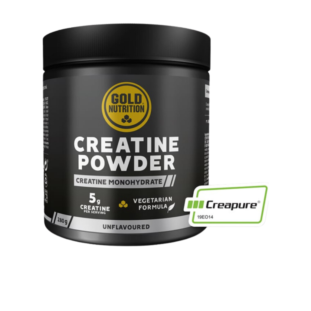 Creatine Powder 280gr Gold Nutrition Frasco preto de creatina em pó Gold Nutrition com texto branco e amarelo