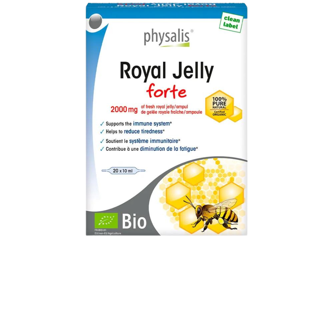 Royal Jelly Forte 2000mg - 20 Ampolas Physalis Embalagem de suplemento Royal Jelly Forte com abelha e colmeia