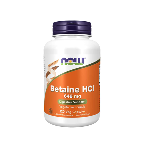 Betaine HCI 648mg - 120 Cápsulas Vegetais Now Frasco branco de Betaina HCl 648 mg da NOW com rótulo laranja e tampa azul escura