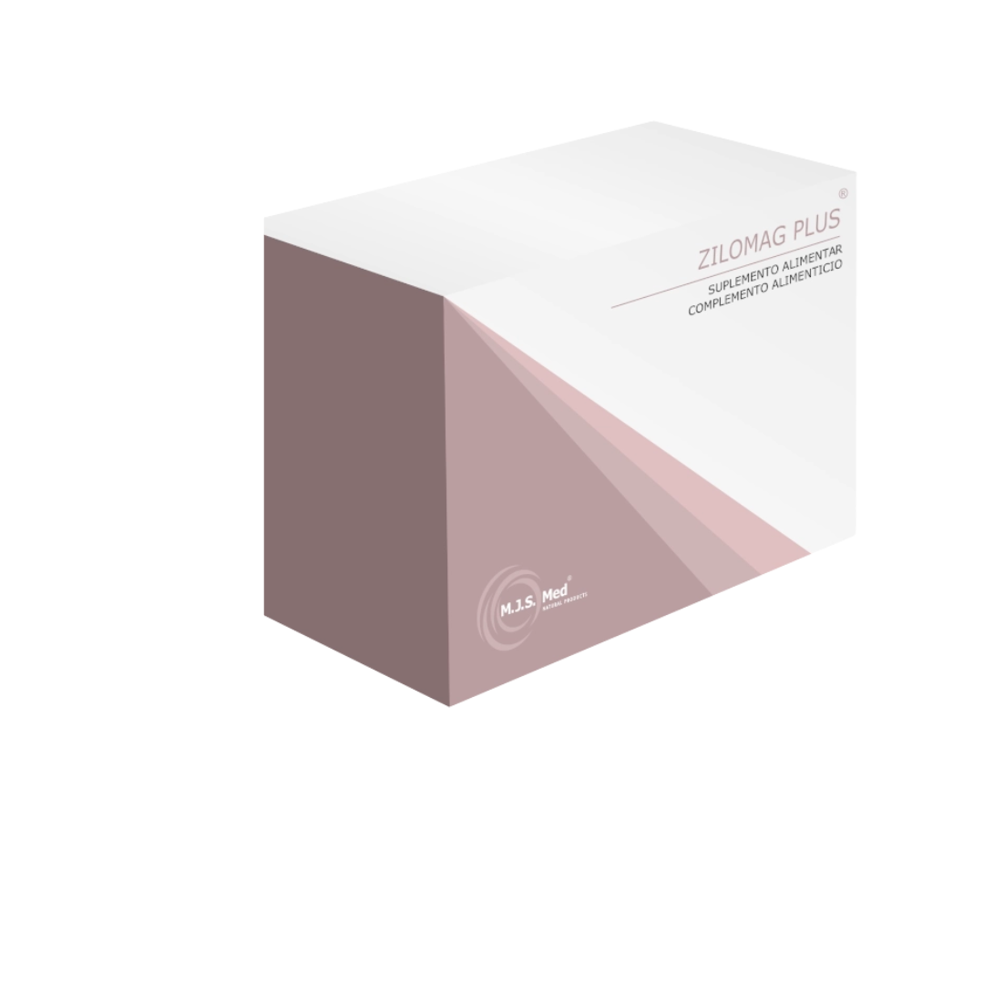 Zilomag Plus – 60 cápsulas – MJS Med Caixa de suplemento alimentar Zilomag Plus branca e rosa com texto e logótipo