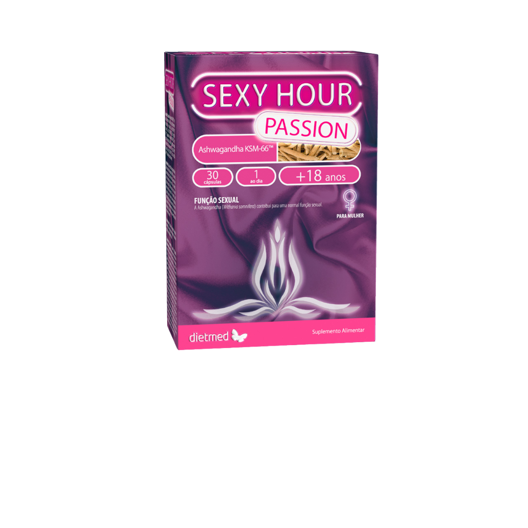 Sexy Hour Passion Mulheres Dietmed Caixa roxa de suplemento SEXY HOUR PASSION para função sexual, 30 cápsulas, maiores de 18 anos.