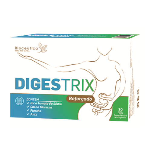Digestrix Reforçado - 30 Comprimidos Bioceutica Embalagem do suplemento DIGESTRIX Reforçado com ilustração do estômago e lista de ingredientes