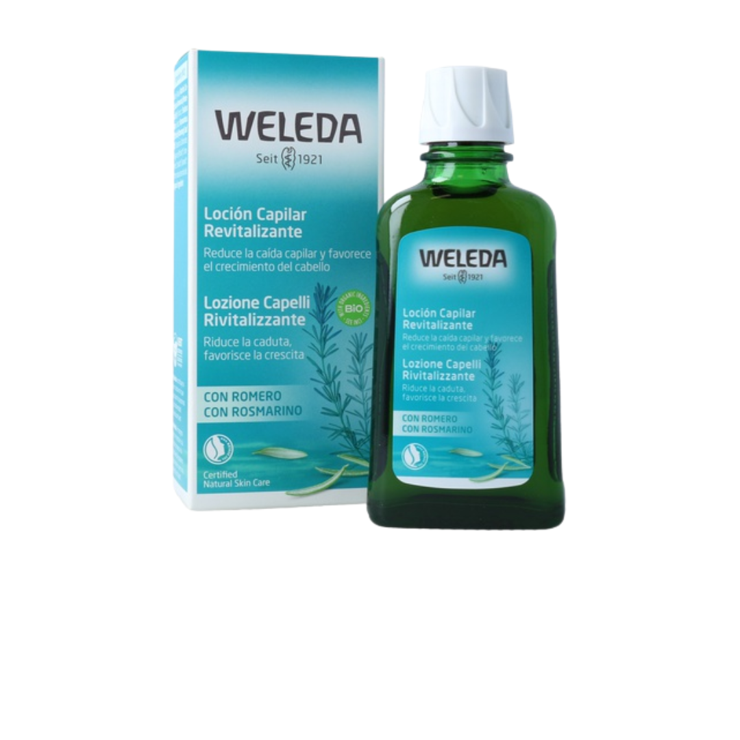 Weleda Loção Capilar Revitalizante com Alecrim Frasco e embalagem da loção capilar revitalizante Weleda com romeiro