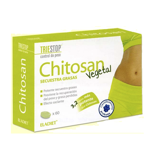 Chitosan Vegetal - 60 Comprimidos Eladiet Embalagem de suplemento Chitosan Vegetal verde e branca com selo e imagem de tronco humano