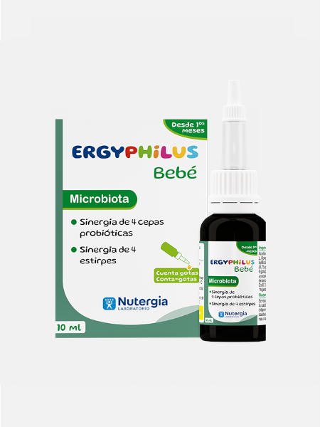 ERGYPHILUS BEBÉ – 10ML – NUTERGIA Frasco de ERGYPHILUS Bebé Microbiota de 10 ml com caixa associada destacando texto e composição.